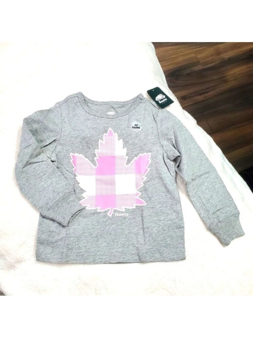 Roots kids Grey and plaid pink maple leaf long-sleeved shirt
